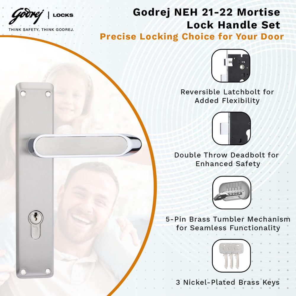 Godrej Mortise Lock|Handle Lock Set for Main & Internal Door of Home & Offices|NEH 21|Satin Steel Finish|8 inch Lockbody|60 mm Cylinder Key from Outside knob from Inside with 3 Keys|5 Years Warranty